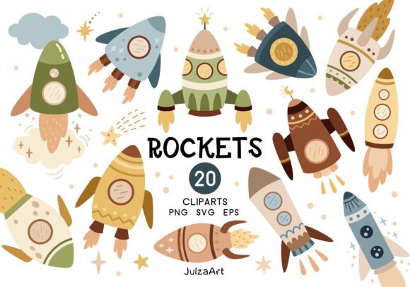 Space Rocket Clipart, Spaceship Clipart Graphic Illustrations By JulzaArt