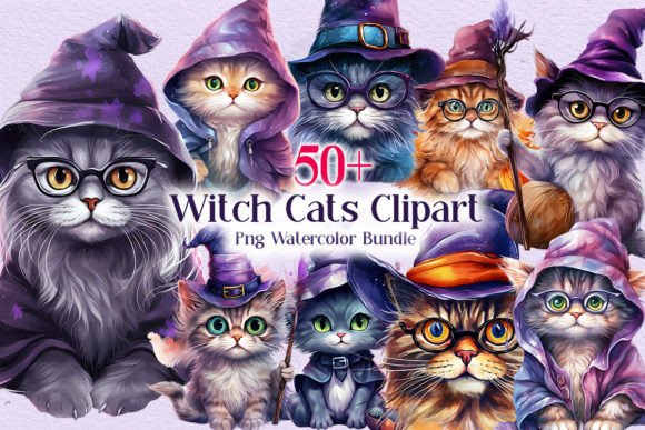 Witch Cats Clipart PNG Watercolor Bundle Illustration Illustrations AI Par Universtock