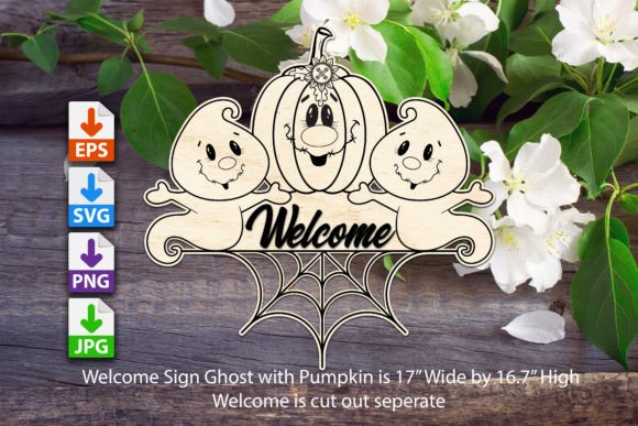 Welcome Sign Ghost with Pumpkin Graphic 3D SVG By linda.jacquet