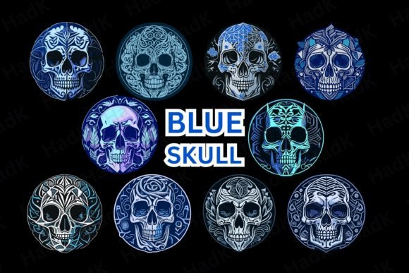 Blue Skull in Circle - Digital Clipart Illustration Graphiques AI Par ElementDesignAndArt