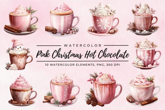 Pink Christmas Hot Chocolate Clipart Gráfico Ilustraciones Imprimibles Por Mini Designs