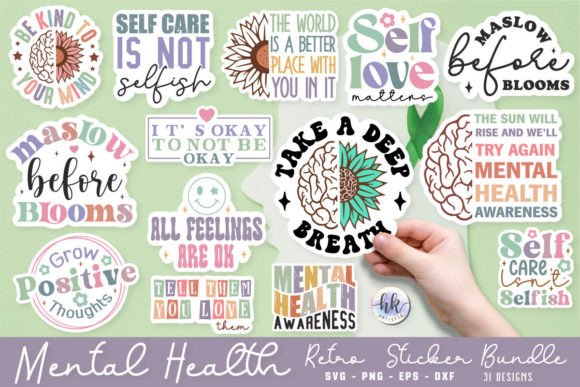 Retro Mental Health Sticker Bundle. Graphic Print Templates By Hkartist12