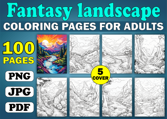 100 Fantasy Landscapes Coloring Book KDP Grafik Ausmalseiten & Malbücher für Erwachsene Von PLAY ZONE