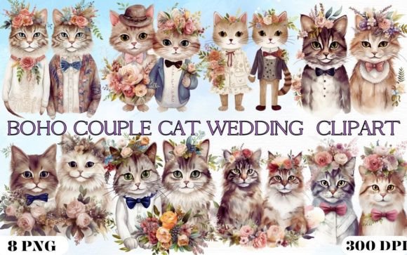 BOHO COUPLE CAT WEDDING PNG CLIPART Grafica Illustrazioni Stampabili Di A Design