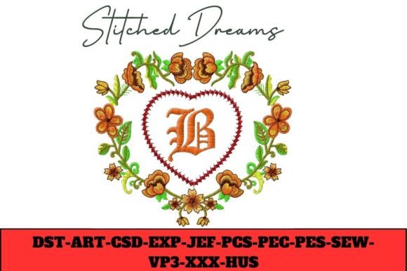 Floral Heart Letter B Wedding Monogram Embroidery Design By Stitched Dreams