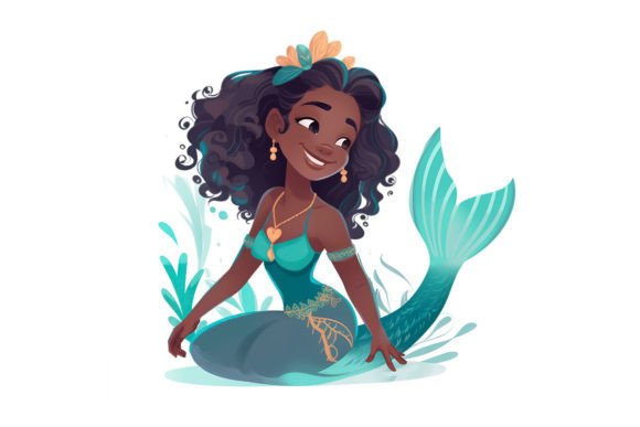 African Black Girl Little Mermaid Siren Gráfico Ilustrações para Impressão Por The Enchanted Motherland