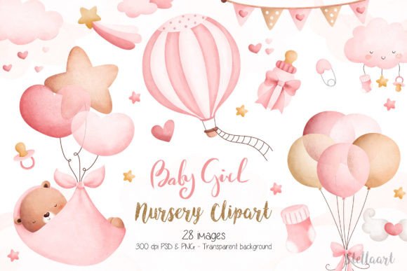 Baby Girl Nursery Clipart Gráfico Ilustrações para Impressão Por Stellaart