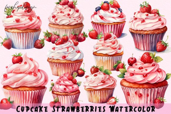 Cupcake Strawberries Watercolor Clipart Graphic AI Graphics By FonShopDesign