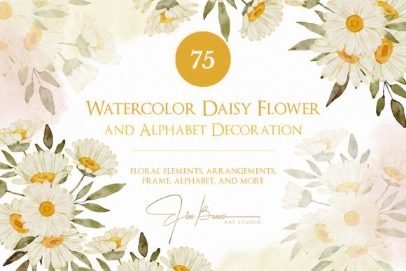 Watercolor Daisy Flower and Alphabet Graphic Illustrations By elsabenaa