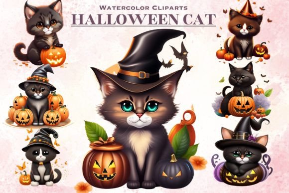 Watercolor Happy Halloween Cat Clipart Graphic AI Graphics By TrendyPixelArt