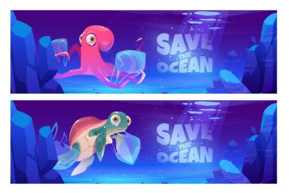 Save the Ocean Cartoon Banners Graphic Print Templates By myteamart