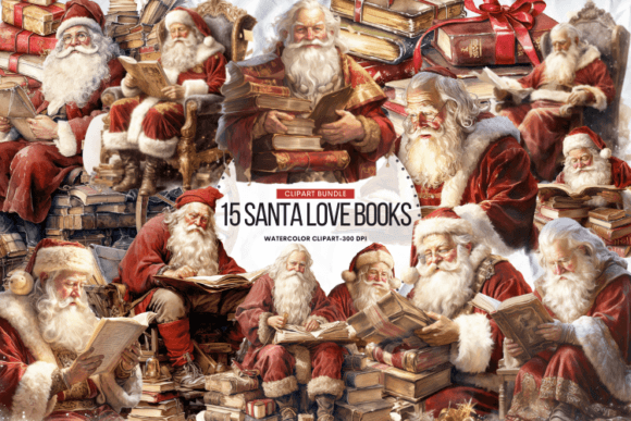 Vintage Santa Love Books Clipart Bundle Afbeelding Afdrukbare Illustraties Door Markicha Art