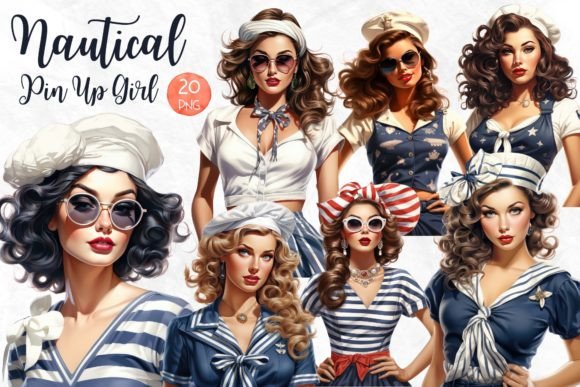 Nautical Pin Up Girl Watercolor Clipart Graphic Illustrations By PimmyArt