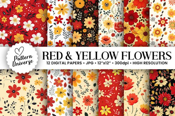 Red & Yellow Cute Flowers Digital Papers Gráfico Padrões de Papel Por Pattern Universe