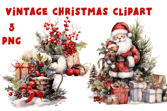Watercolor Vintage Christmas Clipart Graphic Illustrations By ElenaZlataArt