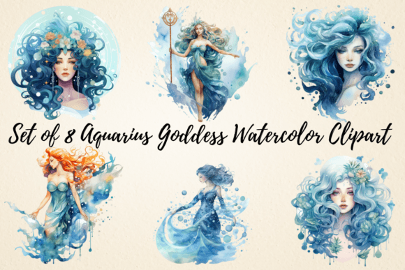 Aquarius Goddess Watercolor Clipart Gráfico Ilustraciones Imprimibles Por pcudesigns