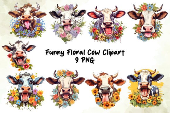 Funny Floral Cow Clipart Bundle Grafik Druckbare Illustrationen Von ART Fanatic