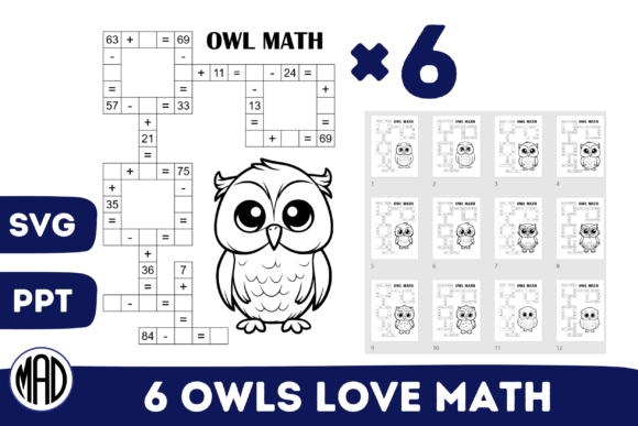 6 Owls That Love Math Crossmath Puzzles Grafika Ilustracje do Druku Przez Marina Art Design