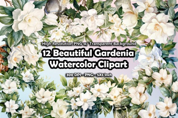 12 Beautiful Gardenia Watercolor Clipart Grafik Druckbare Illustrationen Von printztopbrand