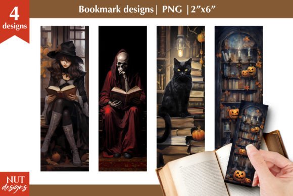 Halloween Bookmark with Witch, Black Cat Gráfico Artesanato Por natalia.kurtidi