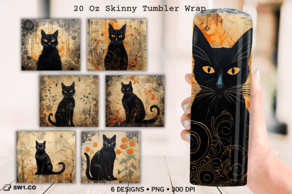 Vintage Halloween Black Cat Tumbler Wrap Graphic Crafts By sw1co design