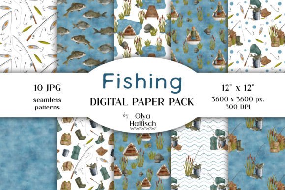 Watercolor Fishing Digital Paper Pack Graphic Patterns By Olya Haifisch