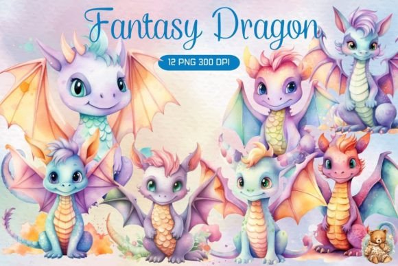 Watercolor Fantasy Dragon Clipart Gráfico Ilustraciones Imprimibles Por lazybear