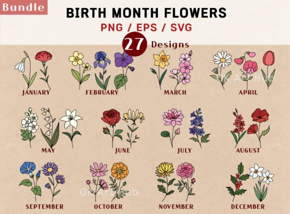 Birth Flowers Vector Bundle Clipart Grafika Rękodzieła Przez OK Art Hub