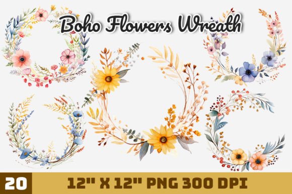 Boho Flowers Wreath Watercolor Clipart Gráfico Ilustraciones Imprimibles Por Gemstone
