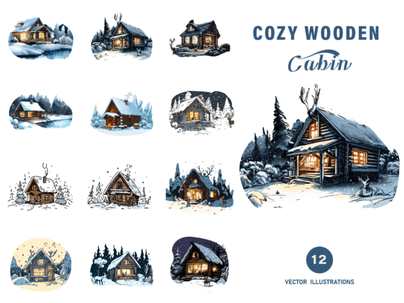 Cabins Wooden Houses in Forest Mountain Grafik KI Illustrationen Von phoenixvectorarts