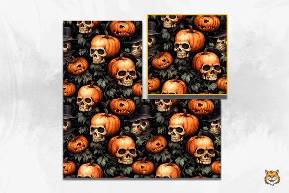 Pumpkin and Skull Seamless Pattern Gráfico Padrões de Papel Por Meow.Backgrounds