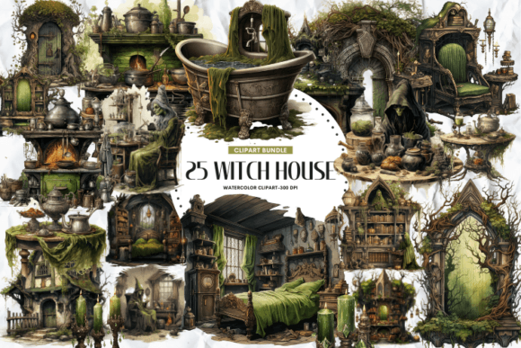 Witch House Clipart Bundle, 25 Png Graphic Illustrations By Markicha Art