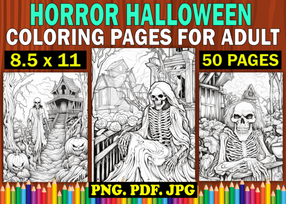 50 Horror Halloween Coloring Pages Adult Grafica Pagine e libri da colorare per adulti Di Design Shop