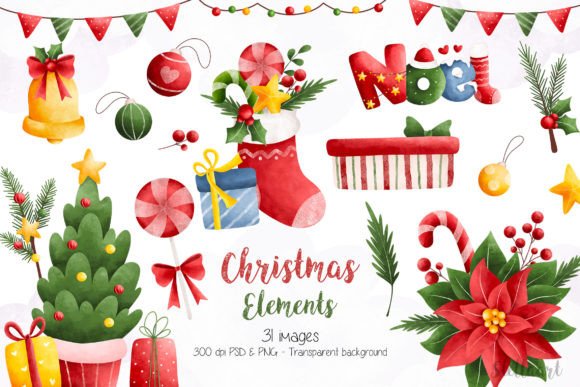 Christmas Elements Clipart Gráfico Ilustraciones Imprimibles Por Stellaart