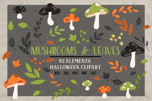 Mushrooms and Leaves Halloween Clipart Graphic Illustrations By simiswimstudio