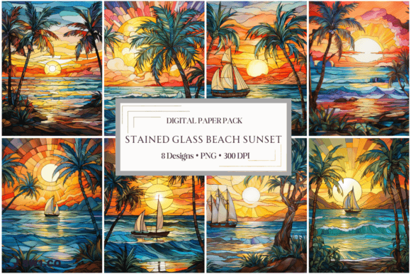 Stained Glass Beach Sunset Backgrounds Gráfico Planos de Fundo Por sw1co design
