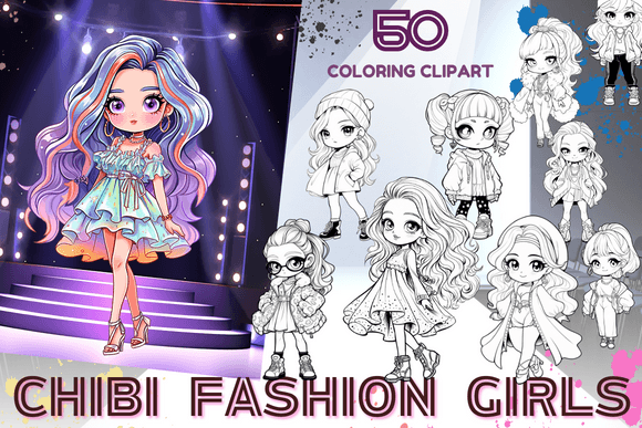 Chibi Fashion Girls - Clipart Grafica Modelli di Stampa Di Sahad Stavros Studio