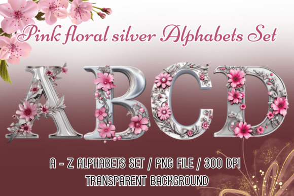 Pink Flowers Silver Alphabets Clipart Graphic Illustrations By sasikharn