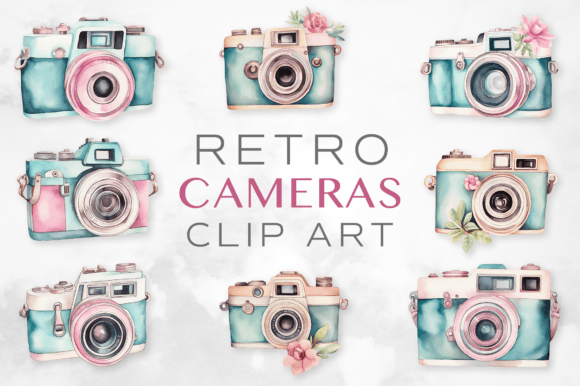 Retro Clip Art - Watercolor Cameras No.2 Graphic Illustrations By Starsunflower Studio