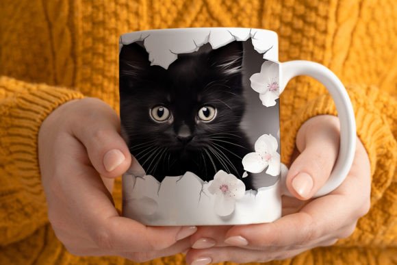 3D Black Cat Sublimation Mug Wrap Graphic Crafts By Pandastic