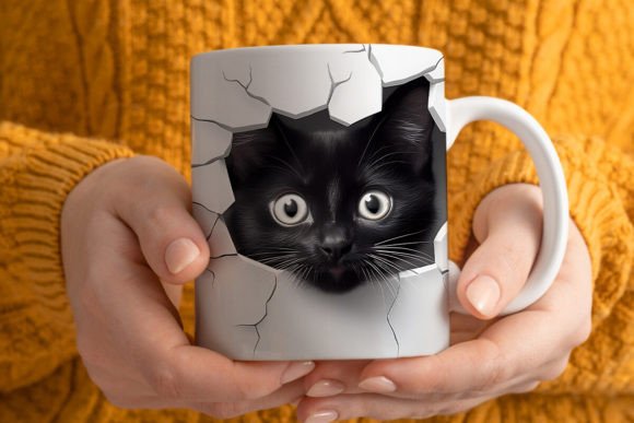 3D Black Cat Sublimation Mug Wrap Graphic Crafts By Pandastic