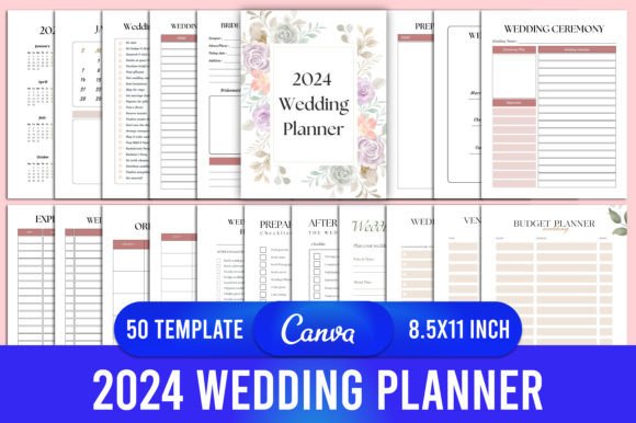 Editable 2024 Wedding Planner Canva Gráfico Interiores KDP Por designmela01