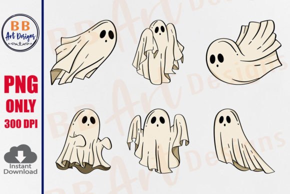 Retro Halloween Ghost PNG, Flying Ghosts Graphic Print Templates By BB Art Designs
