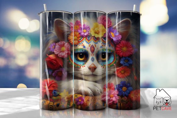 Colorful Sugar Skull Cat Tumbler Wrap Gráfico Plantillas de Impresión Por Pet Cave
