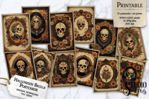 Halloween Skulls Postcards Afbeelding AI Illustraties Door Studio 7766