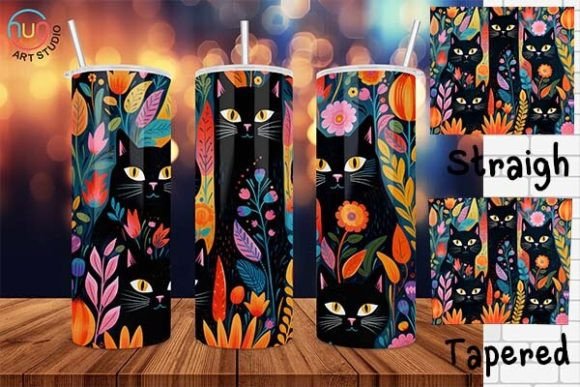 Floral Flower Black Cat Tumbler, Cat Mom Graphic Tumbler Wraps By HugHang Art Studio