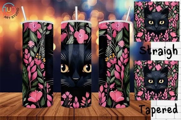 Floral Flower Black Cat Tumbler, Cat Mom Graphic Tumbler Wraps By HugHang Art Studio
