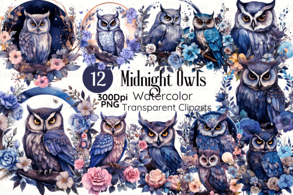 Gothic Midnight Owl Watercolor Clipart Grafika Ilustracje do Druku Przez Paper Artsthetics