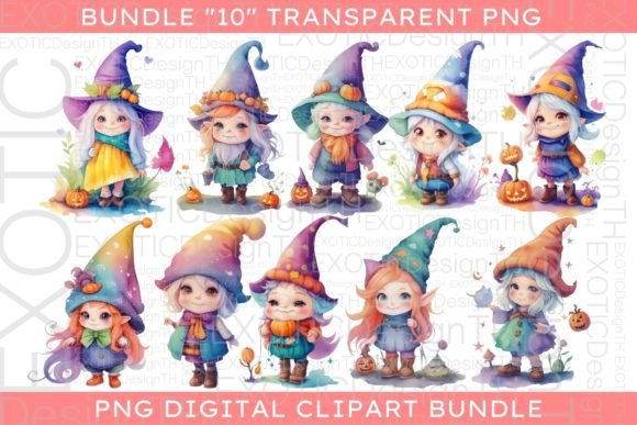Watercolor Witch Gnome Halloween Clipart Graphic AI Illustrations By EXOTICDesignTH