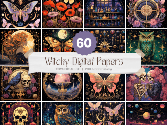 60 Witchy Tarot Celestial Digital Papers Illustration Fonds d'Écran Par BLDGtheBrand